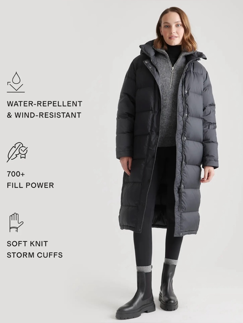 Quince Long Hooded Puffer Coat in Charcoal - Picture 3 of 14